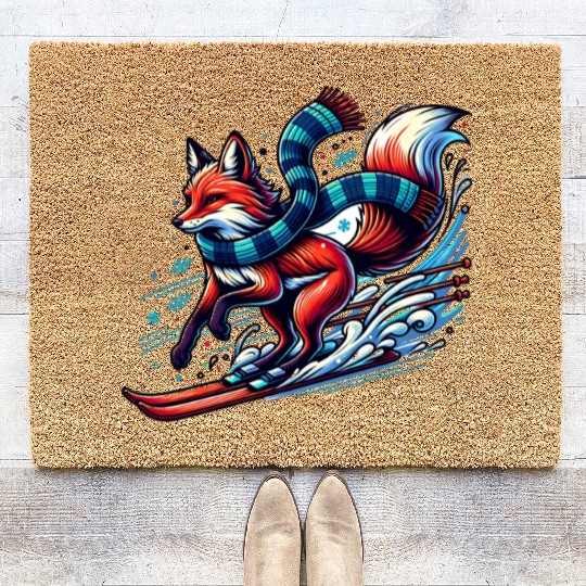 Fox Skiing Adventure in Winter Wonderland Coir Doormats