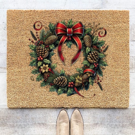 Rustic Christmas Wreath with Holly and Pine Cones Coir Doormats
