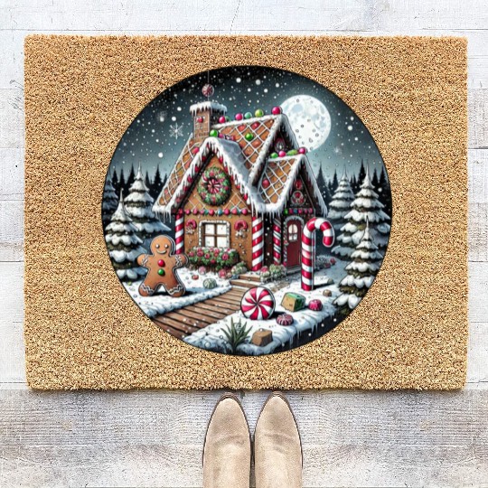 Christmas Gingerbread House with Candy Canes Coir Doormats