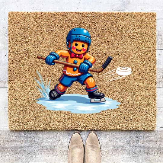 gingerbread hockey player christmas fun Coir Doormats