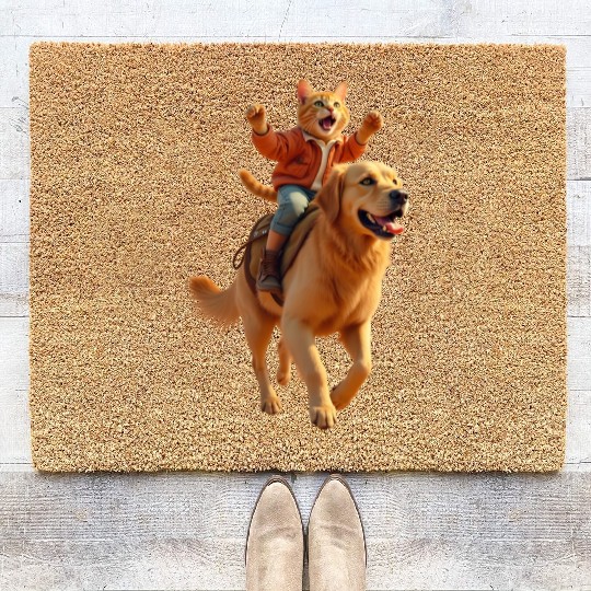 Funny Ginger Cat Riding Golden Retriever/Realistic Coir Doormats