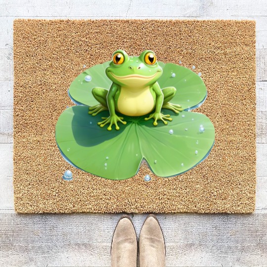 Cheerful Frog on Lily Pad Coir Doormats
