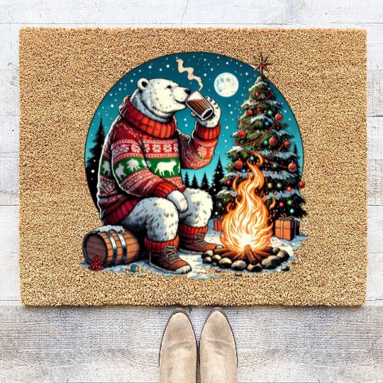 Cozy Christmas Polar Bear: Eggnog & Fireside Cheer Coir Doormats