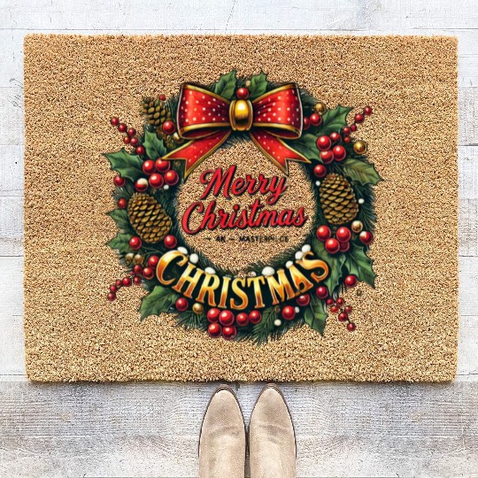 1950s Christmas Wreath - Vintage Holiday Cheer Coir Doormats