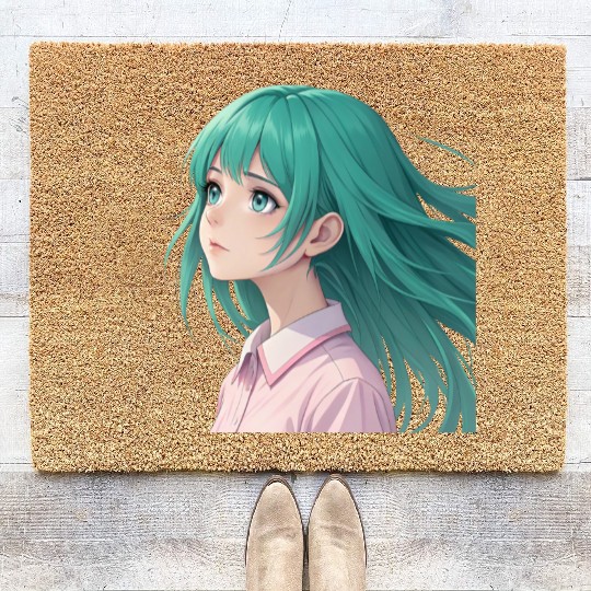 Teal Tresses: A Vision of Anime Serenity and Wonde Coir Doormats