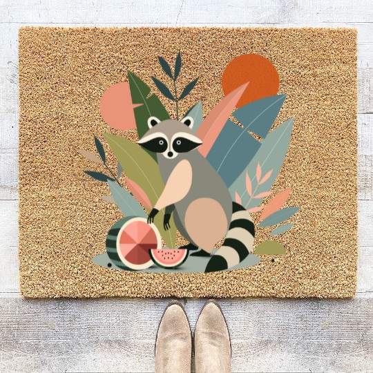 Raccoon with tropical plants and melons Coir Doormats