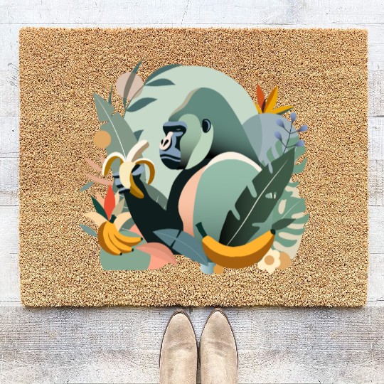 Proud gorilla with banana in tropical surroundings Coir Doormats