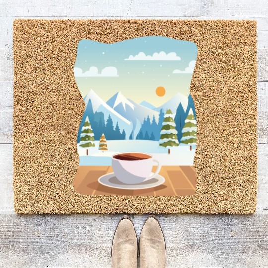 Coffee Cup and Winter Mountain View Coir Doormats