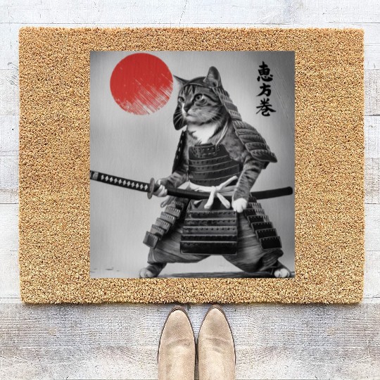 Kawaii Japanese Samurai Cat Vintage Japanese Cat Coir Doormats