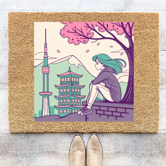 "Peaceful Anime Vibes: Girl Relaxing with Sakura Coir Doormats