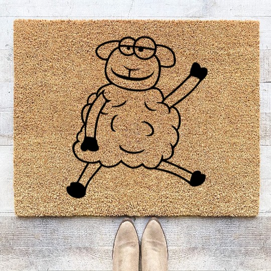 Sheep Sitting Waving Greeting Happy Smile Cool Fun Coir Doormats