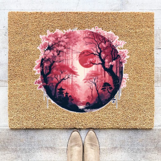 Serene Sakura Under Crimson Sun Coir Doormats