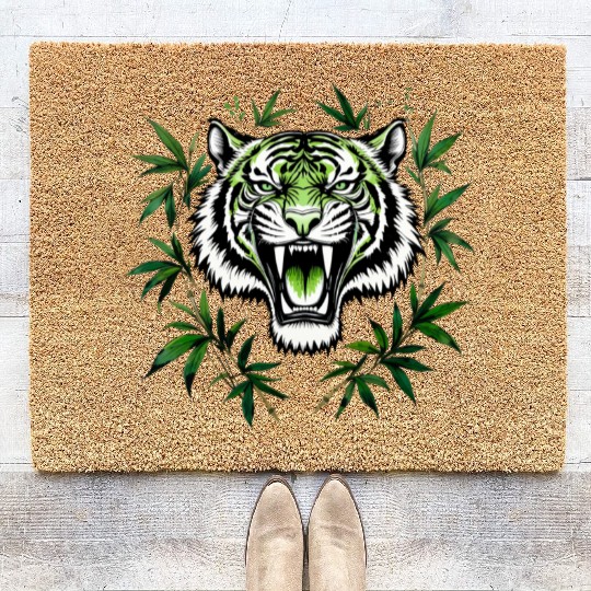 Fierce Green Tiger with Bamboo Branches Coir Doormats