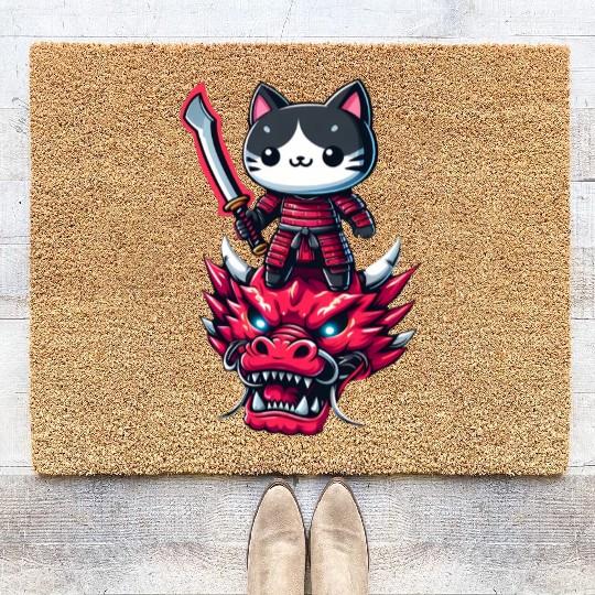 Samurai Cat with Sword on Dragon in Epic 3D Effect Coir Doormats
