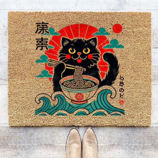 Kawaii Black Cat Eating Ramen Noodles Japanese Coir Doormats