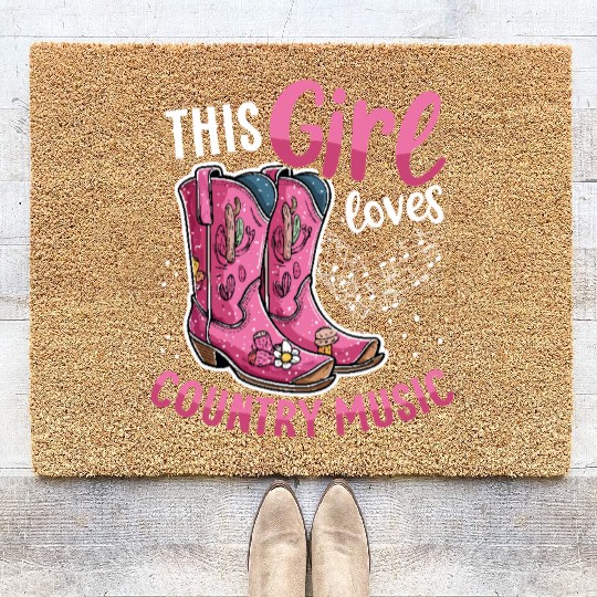 This girl Loves Country Music Pink Cowboy Boots Coir Doormats