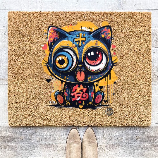 Psycho Lucky Cat – Glitch Meow Madness Coir Doormats