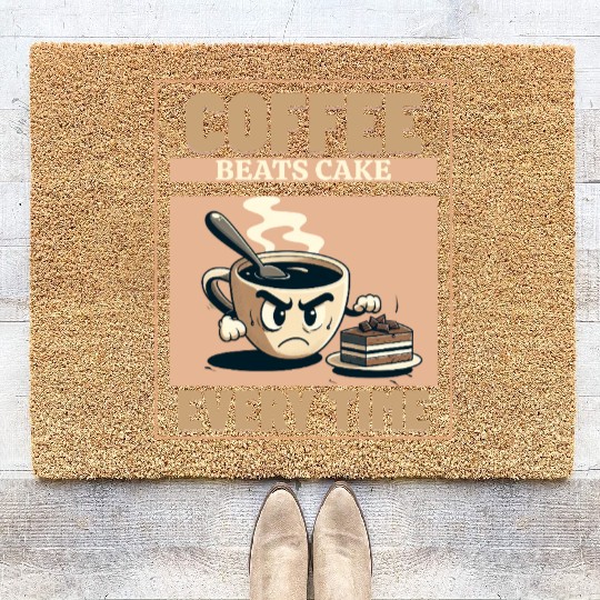 Coffee Beats Cake – Funny Coffee Lover Design Coir Doormats