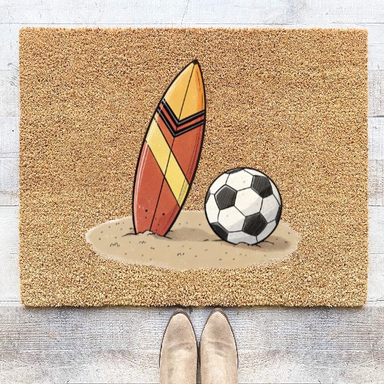 Surfboard and soccer ball in the sand Coir Doormats