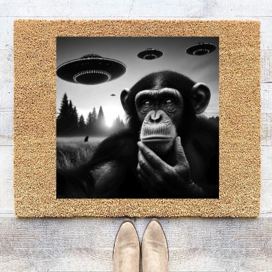 Chimp Monkey Ape Funny Selfie with UFOs Weird Alie Coir Doormats