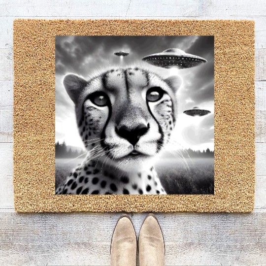 Cheetah Funny Graphic Selfie with UFOs Weird Alien Coir Doormats