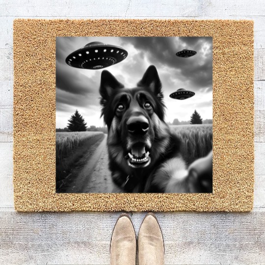 German Shepherd Funny GSP Selfie with UFOs Weird A Coir Doormats