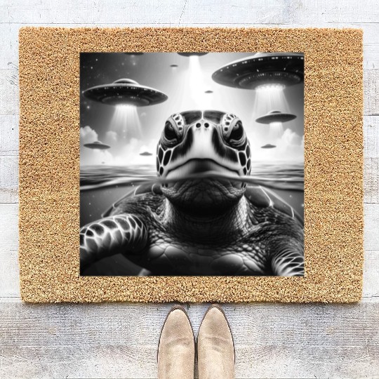 Sea Turtle Funny Graphic Selfie with UFOs Weird A Coir Doormats