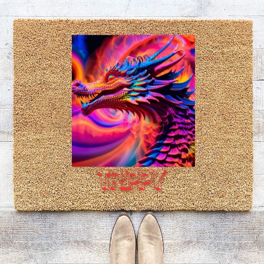 Trippy psychedelic fractal dragon Coir Doormats