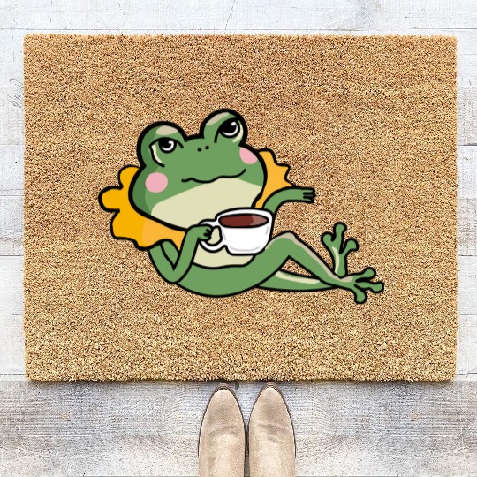 Relaxing Green Frog coffee Lover Coir Doormats - Unique
