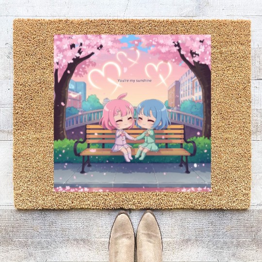 Japanese kawaii couple sunshine Coir Doormats