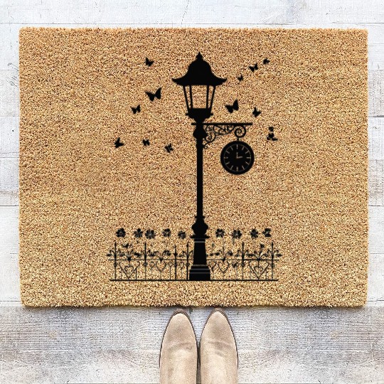Street Lamp with Clock and Butterflies Silhouette Coir Doormats