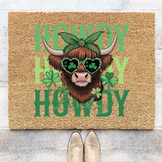 Howdy Howdy Lucky Highland Cow St Patricks Day Coir Doormats