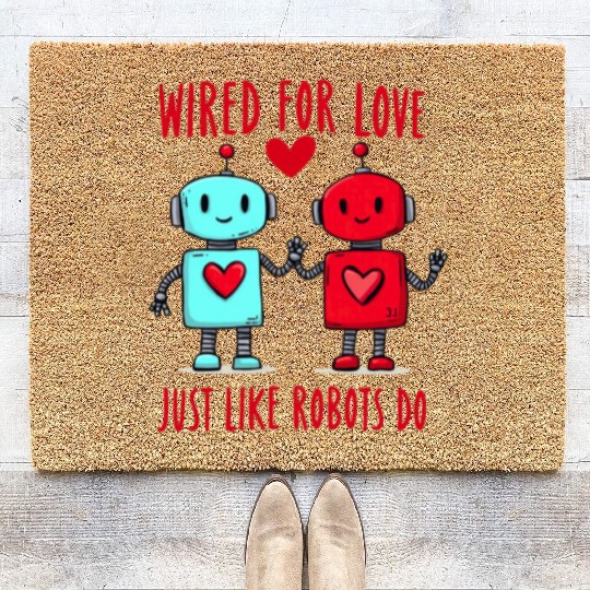 Valentine's Day Gift: Two Robots in Love on Bella Coir Doormats