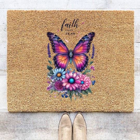 Butterfly with Flowers Art Faith Over Fear Coir Doormats