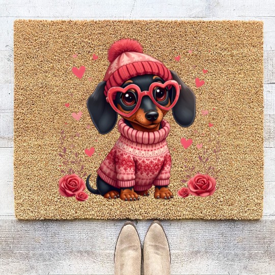 Cute Valentine Dachshund in Cozy Sweater Coir Doormats