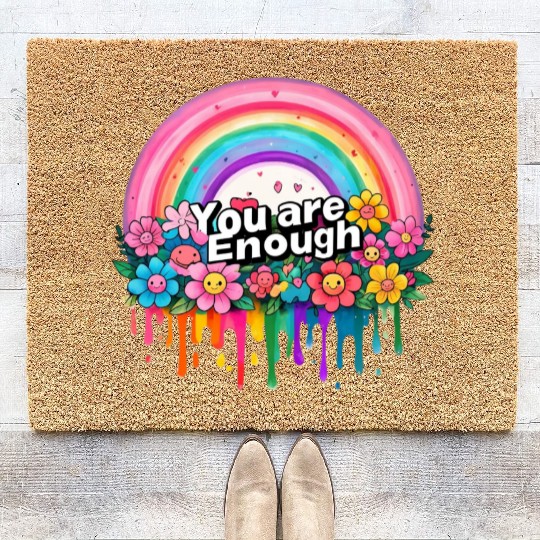 "You Are Enough" Rainbow and Flowers Inspirational Coir Doormats