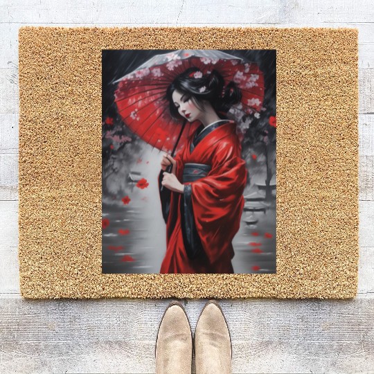 Geisha umbrella rain storm cherry blossoms Coir Doormats
