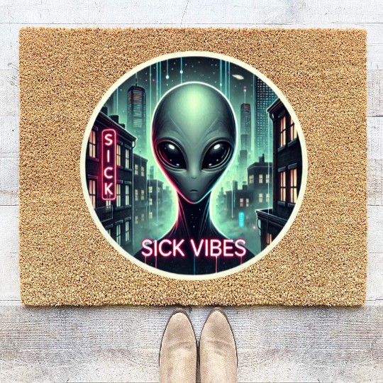 Cyberpunk Alien Encounter - Futuristic Neon Sci-Fi Coir Doormats