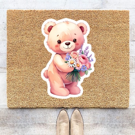 Teddy bear with bouquet of flowers Coir Doormats