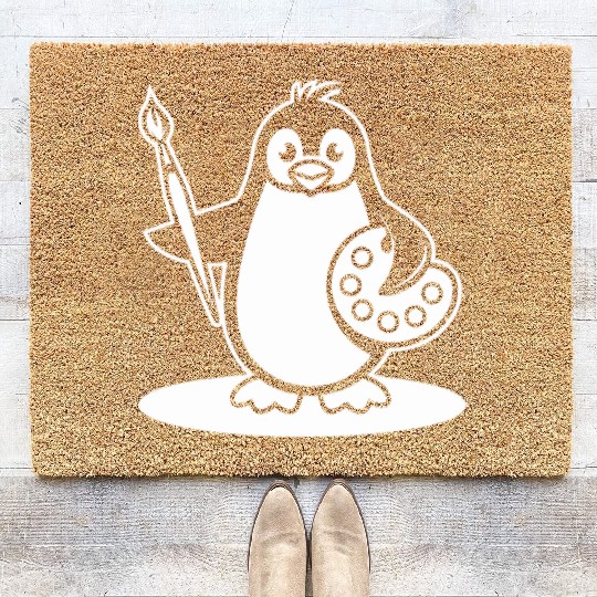 Creative Penguin Artist Holding Brush Coir Doormats