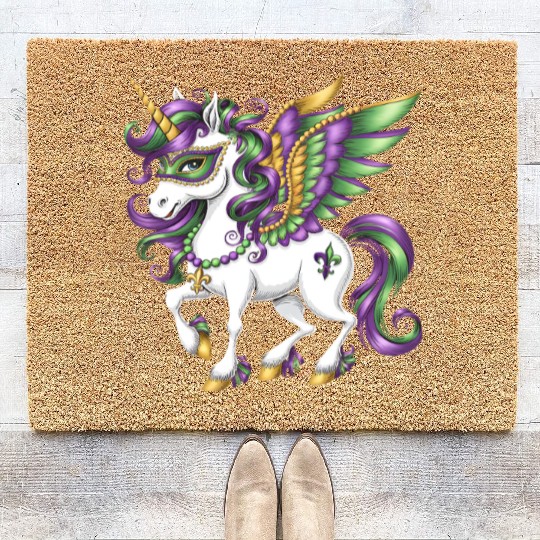 Happy Mardi Gras Unicorn Mask New Orleans Girls Coir Doormats