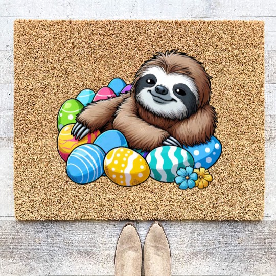 Cute Sloth Easter Egg Cartoon Chilling Coir Doormats
