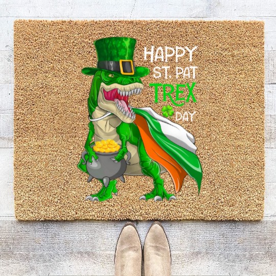 Dinosaur St Patricks Day Happy St Pat Trex T rex Coir Doormats