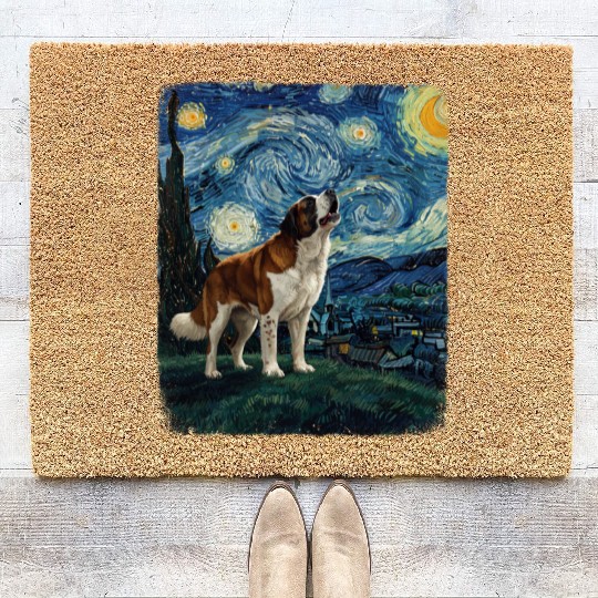 Saint Bernard Howling At Moon Starry Night Van Gog Coir Doormats