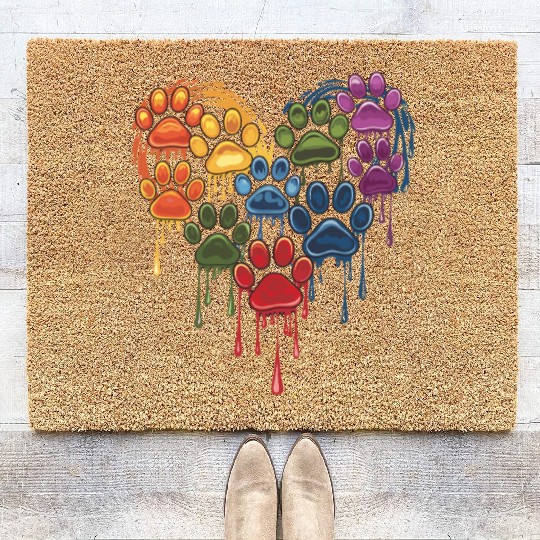 Colorful Paws Heart for Dog Lovers and Owners Coir Doormats