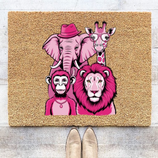Elephant Monkey Lion Giraffe Cool Crew Pink Vibes Coir Doormats