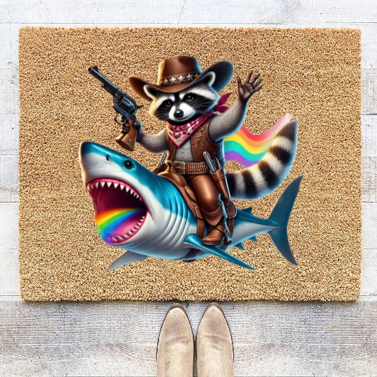 Funny Vintage Cowboy Raccoon Shark Rainbow Art Coir Doormats