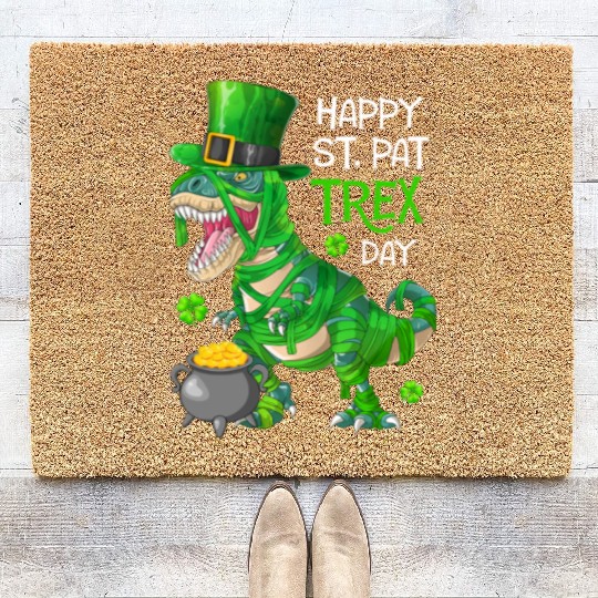 Happy St Pat Trex Day Dinosaur St Patricks Day Coir Doormats