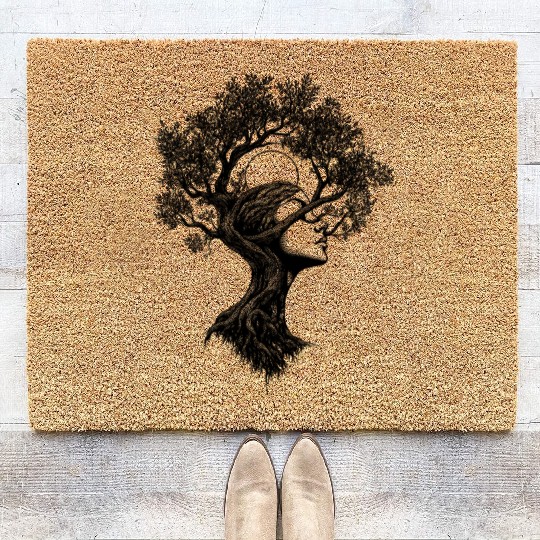 Boho Tree Woman Nature Abstract Graphic Mystical Coir Doormats