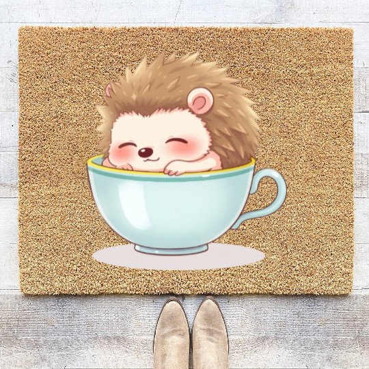 Cute hedgehog relaxing in a light blue cup Coir Doormats